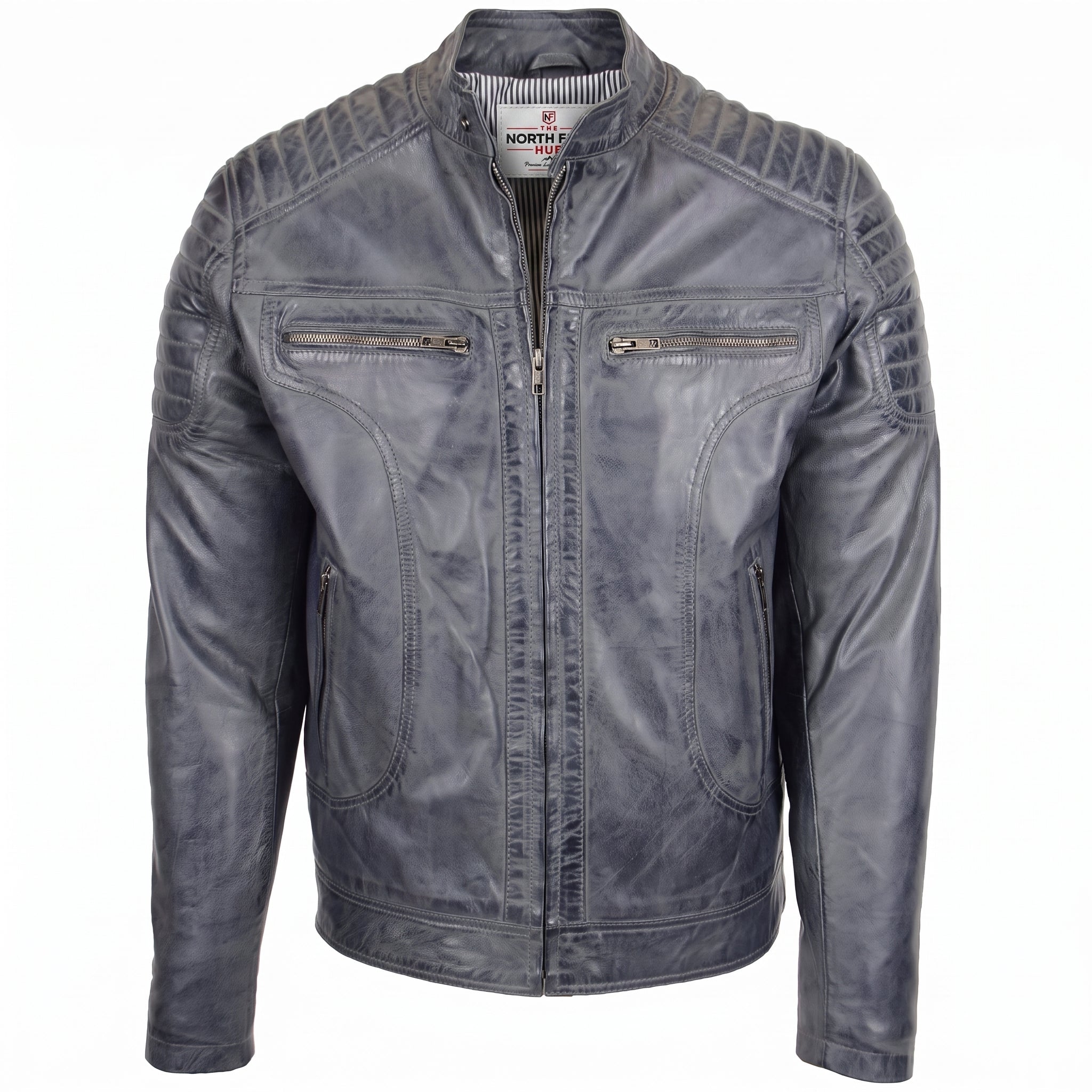 Mens Leather Biker Style Zip Jacket Eddie Essence Grey Two Tone