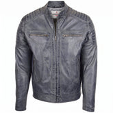 Mens Leather Biker Style Zip Jacket Eddie Essence Grey Two Tone