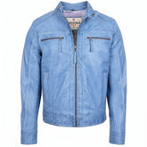 Mens Leather Cafe Racer Biker Jacket Charlie Horizon Sky Blue