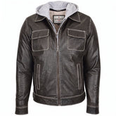 Mens Leather Detachable Hoodie Work Jacket Azure Grey