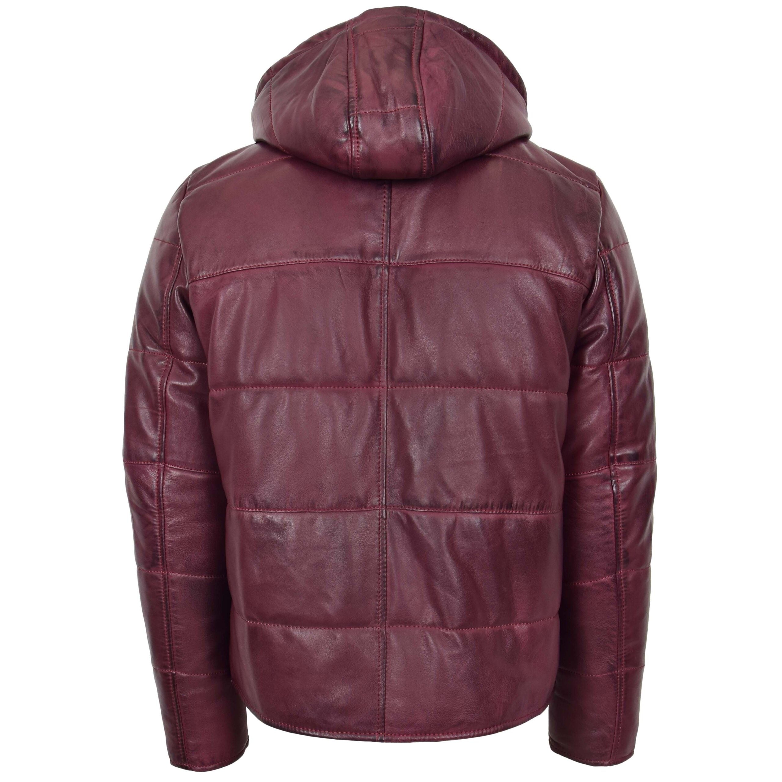 Mens Leather Hooded Puffer Jacket Infinite Burgundy
