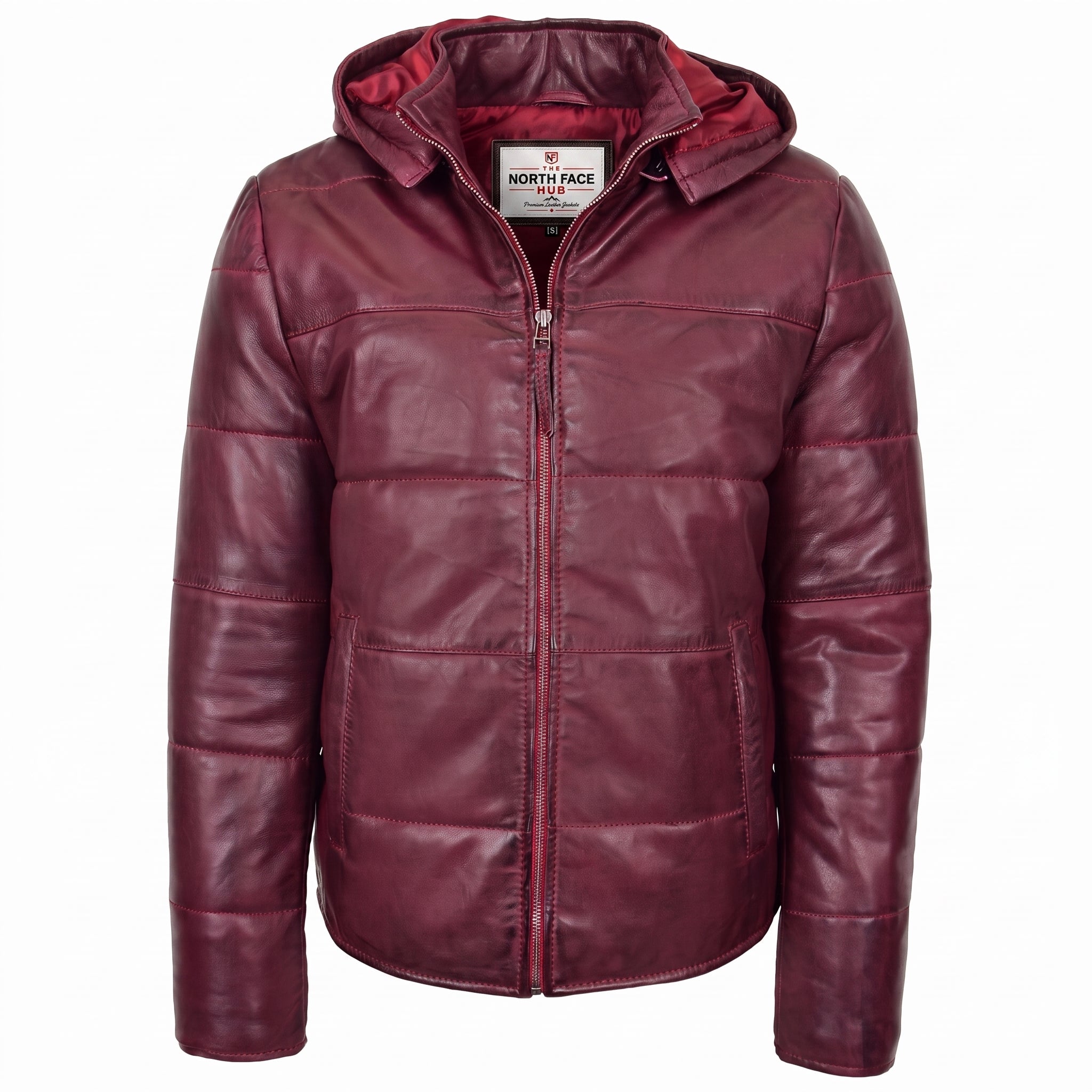Mens Leather Hooded Puffer Jacket Infinite Burgundy