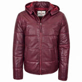 Mens Leather Hooded Puffer Jacket Infinite Burgundy