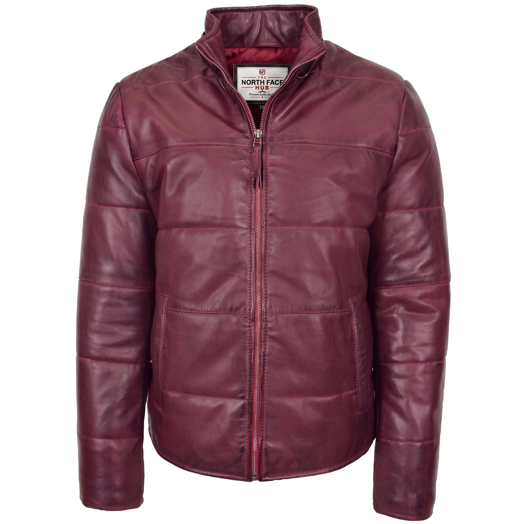 Mens Leather Hooded Puffer Jacket Infinite Burgundy