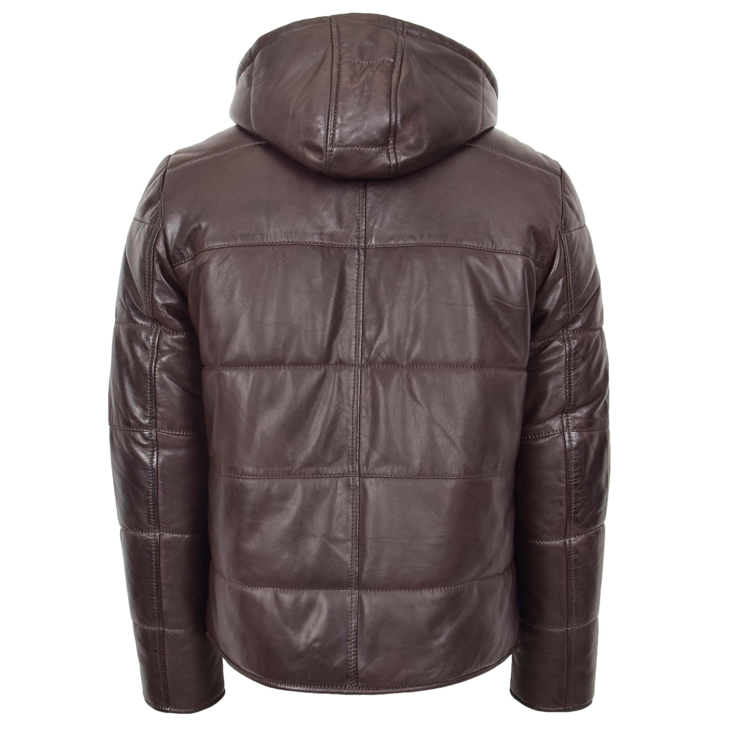 Mens Leather Hooded Puffer Jacket Zenith Brown