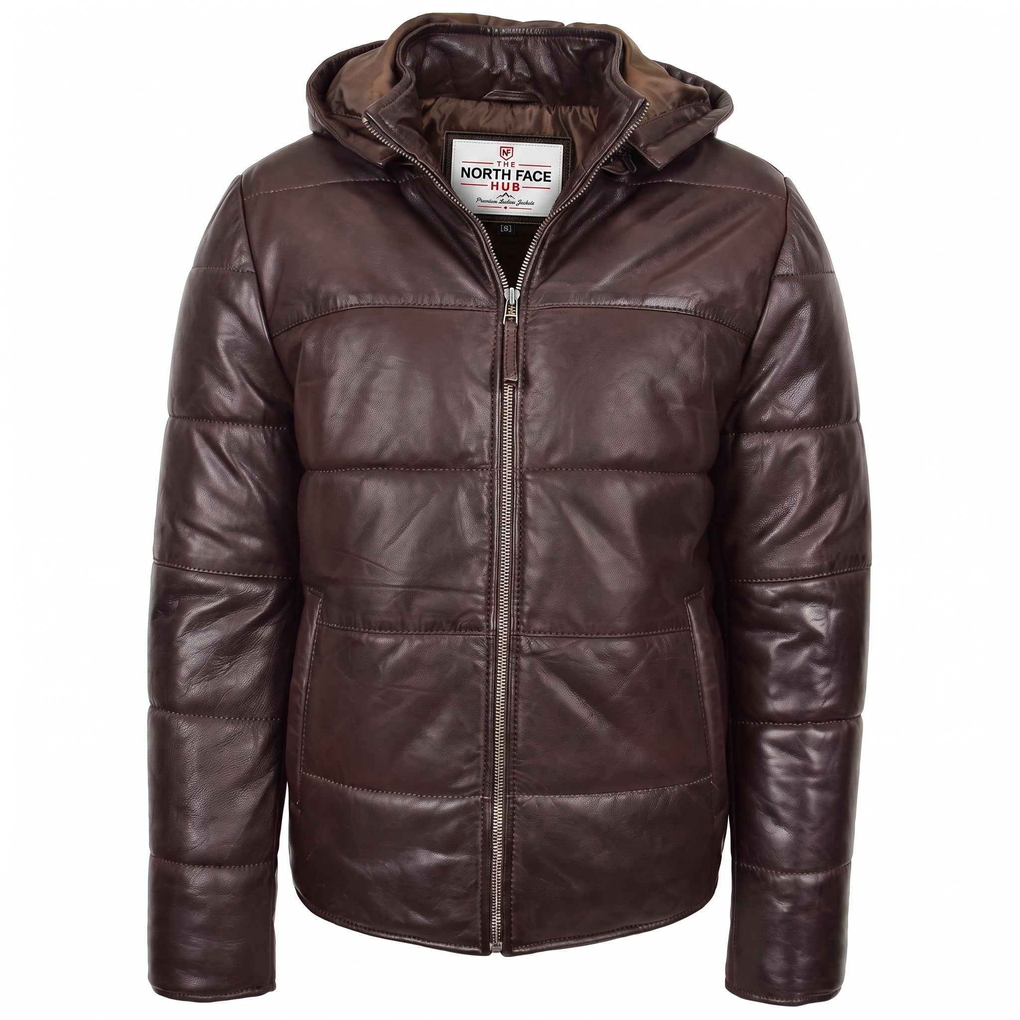 Mens Leather Hooded Puffer Jacket Zenith Brown