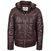 Mens Leather Hooded Puffer Jacket Zenith Brown