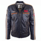 Mens Real Leather Biker Jacket Cafe Racer Style Badges TRON Luna Navy