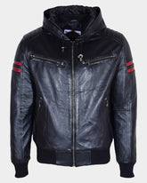 Mens Real Leather Bomber Zip Jacket Hooded RAMMY Nova Black