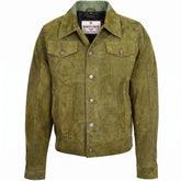 Mens Real Suede Trucker Harrington Jacket Daryl Aurora Green