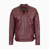 Mens Biker Leather Jacket Standing Collar Infinite Burgundy