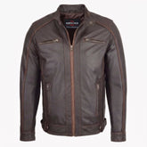 Mens Classic Leather Biker Style Zip Jacket Ethan Brown