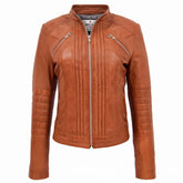 Womens Leather Collarless Jacket with Quilt Design Joan Dynamo Tan