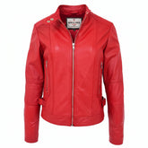 Womens Soft Leather Casual Zip Biker Jacket Ruby Ignite Red