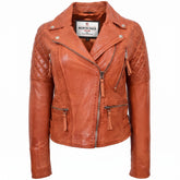 Womens Cross Zip Biker Leather Jacket Claudia Celestial Cognac