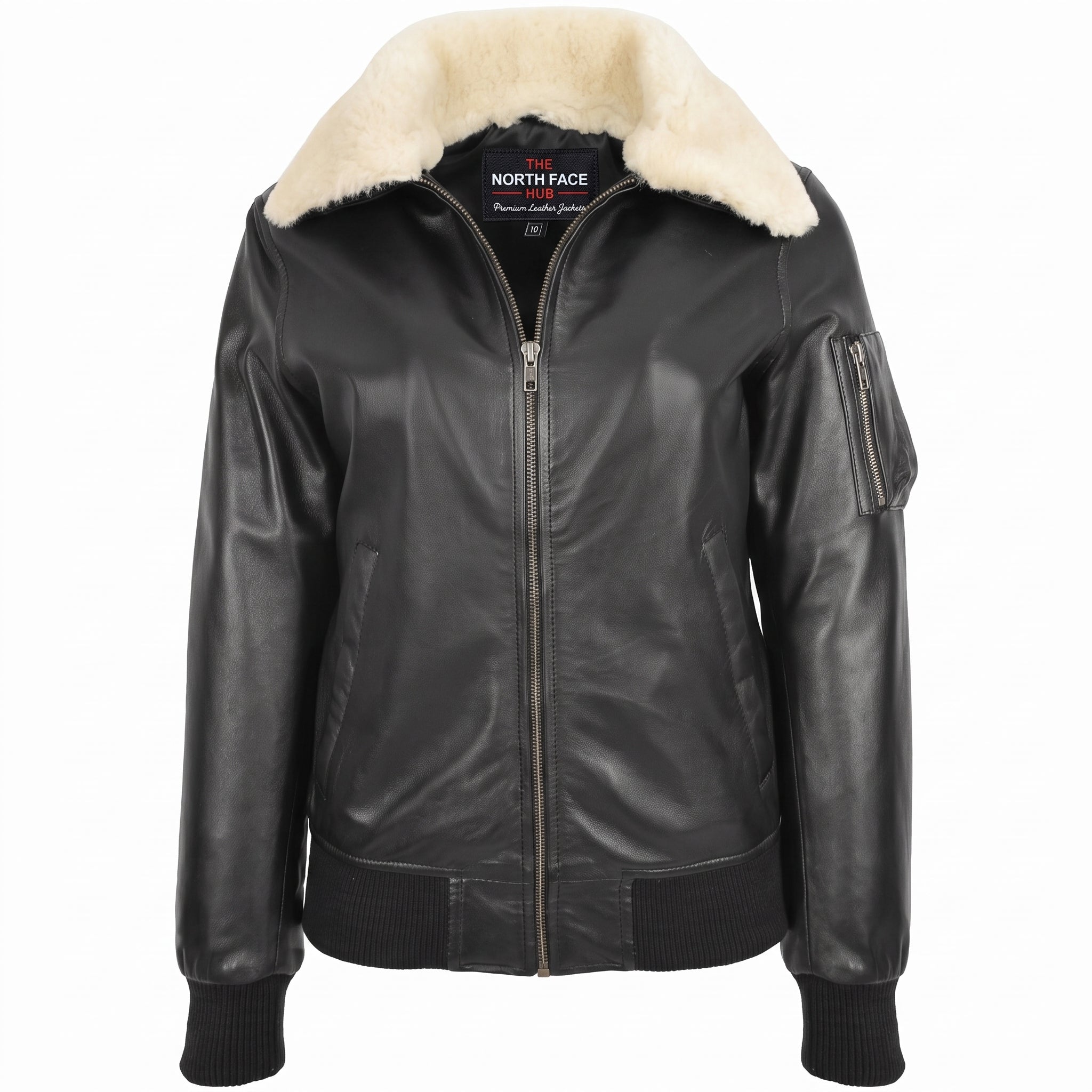 Womens Leather Bomber Jacket Removable Collar Nova Black