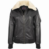 Womens Leather Bomber Jacket Removable Collar Nova Black