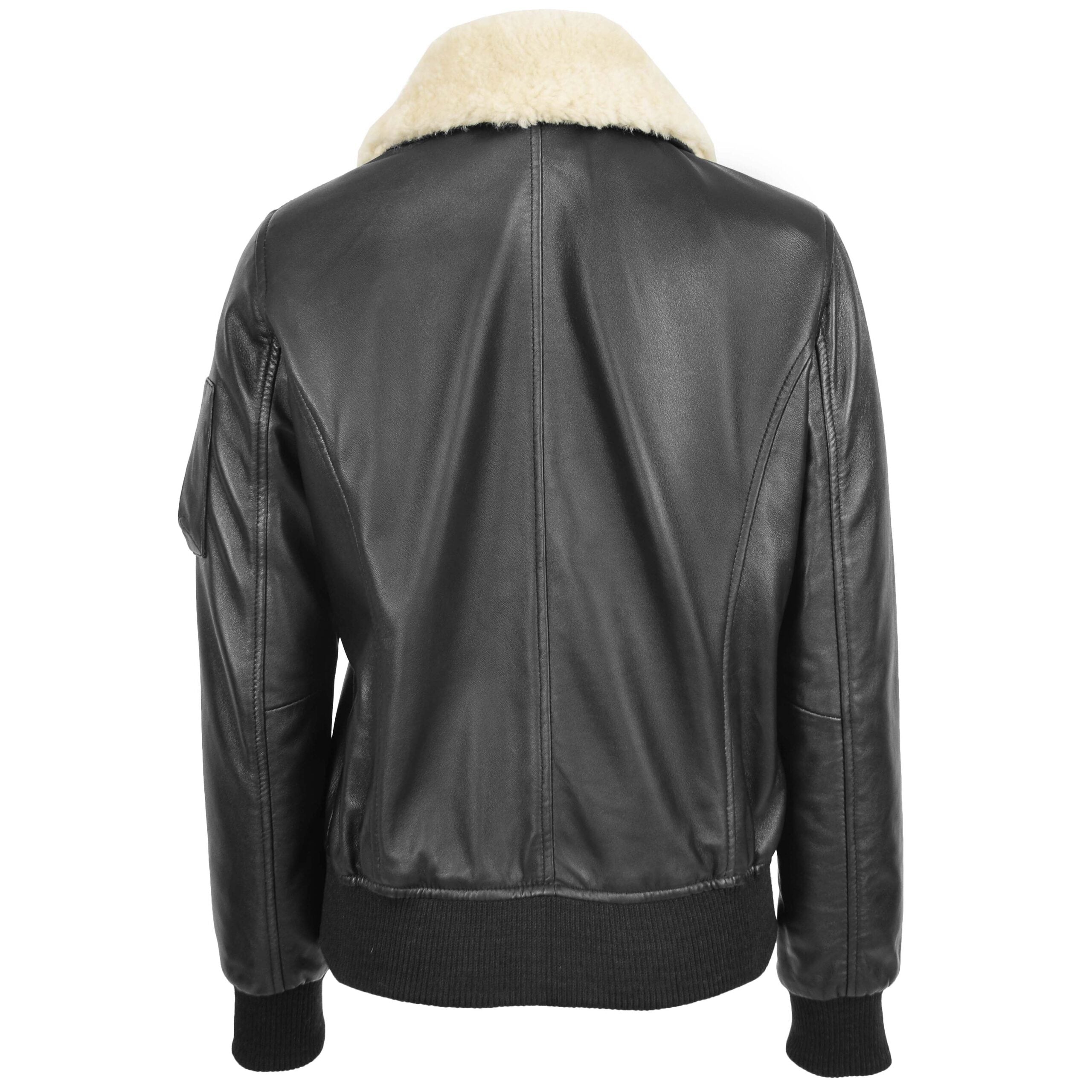 Womens Leather Bomber Jacket Removable Collar Nova Black