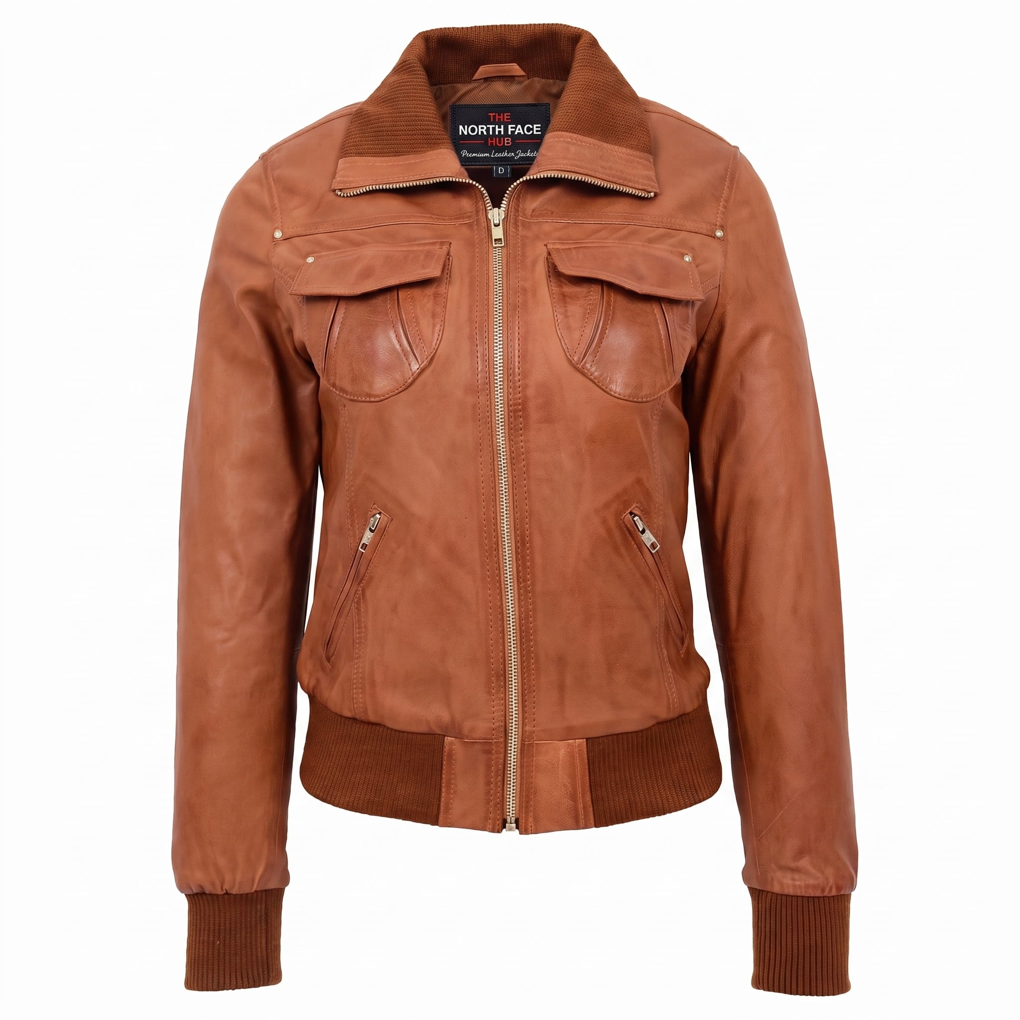 Womens Leather Classic Bomber Jacket Motto Dynamo Tan