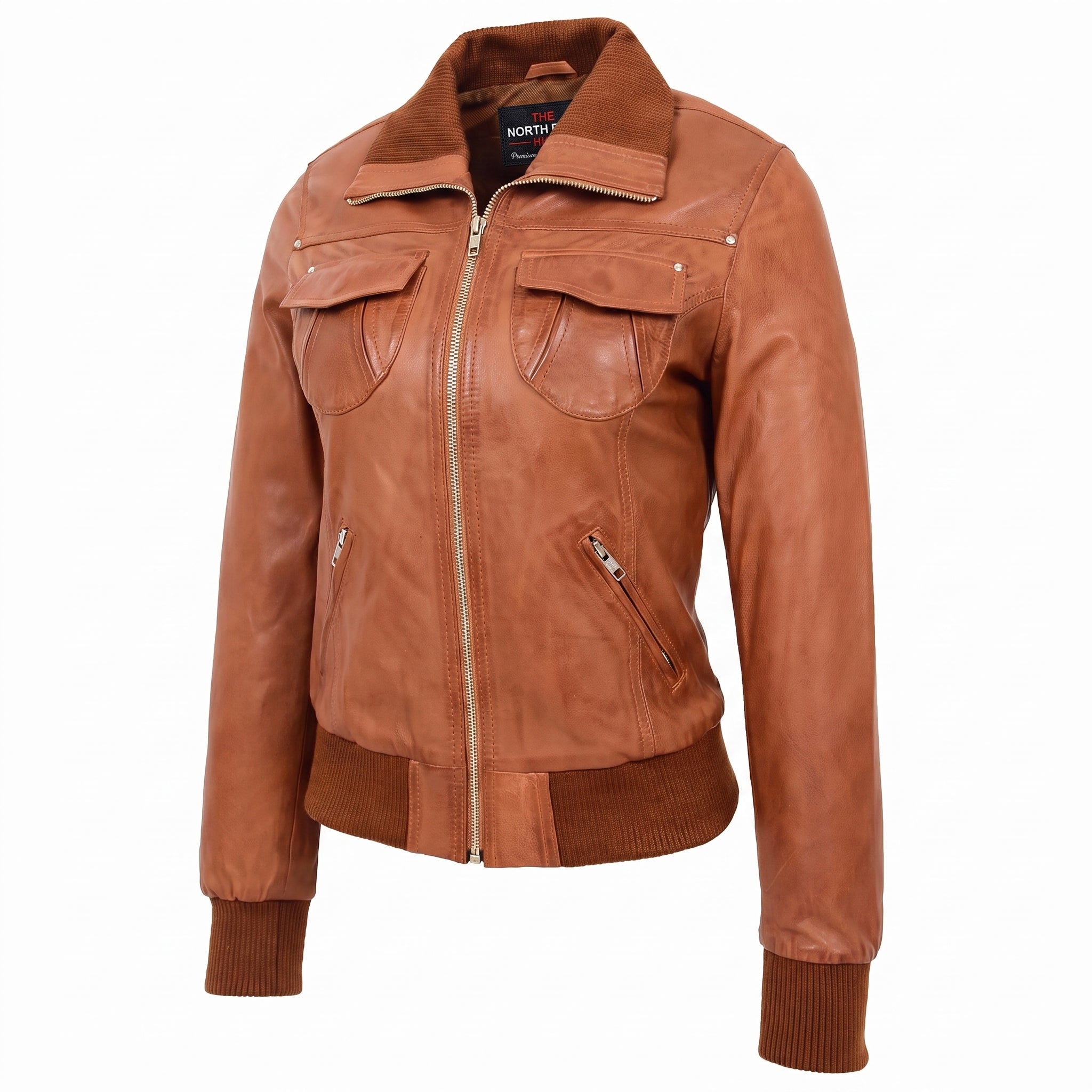 Womens Leather Classic Bomber Jacket Motto Dynamo Tan