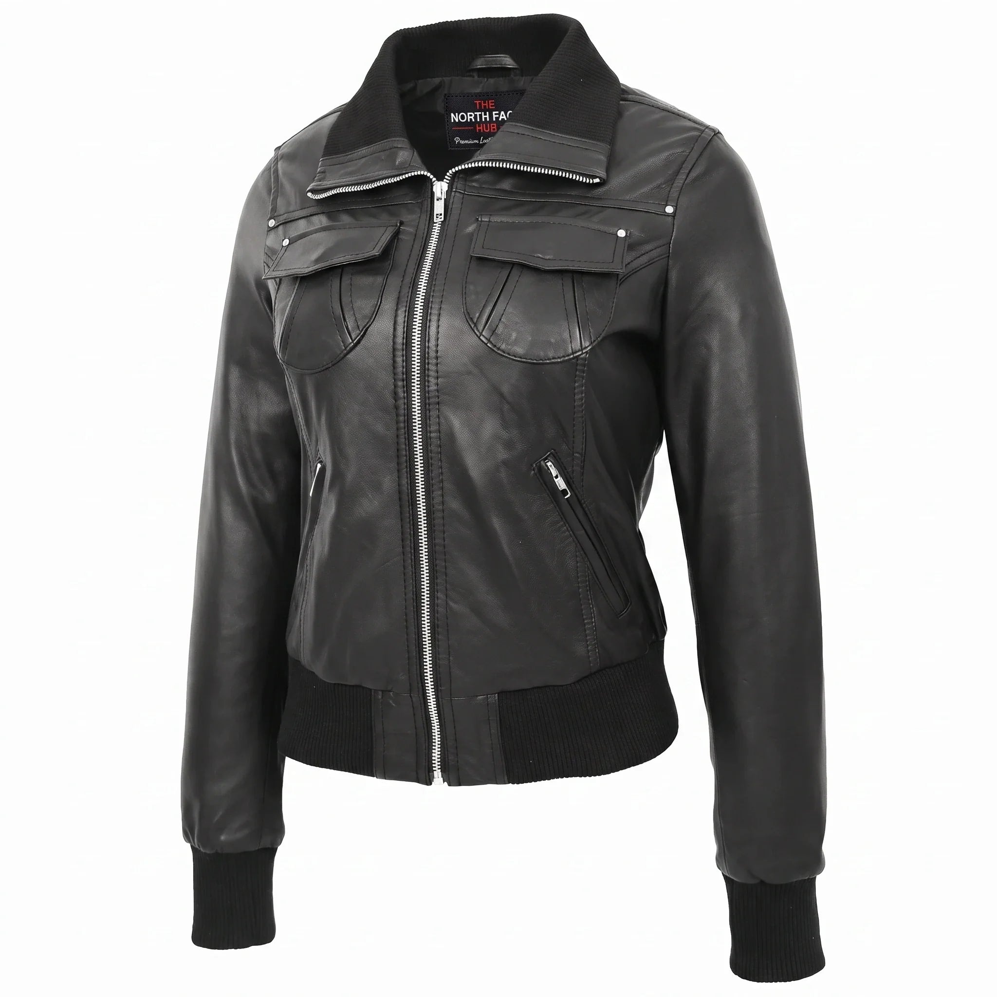 Womens Leather Classic Bomber Jacket Motto Nova Black