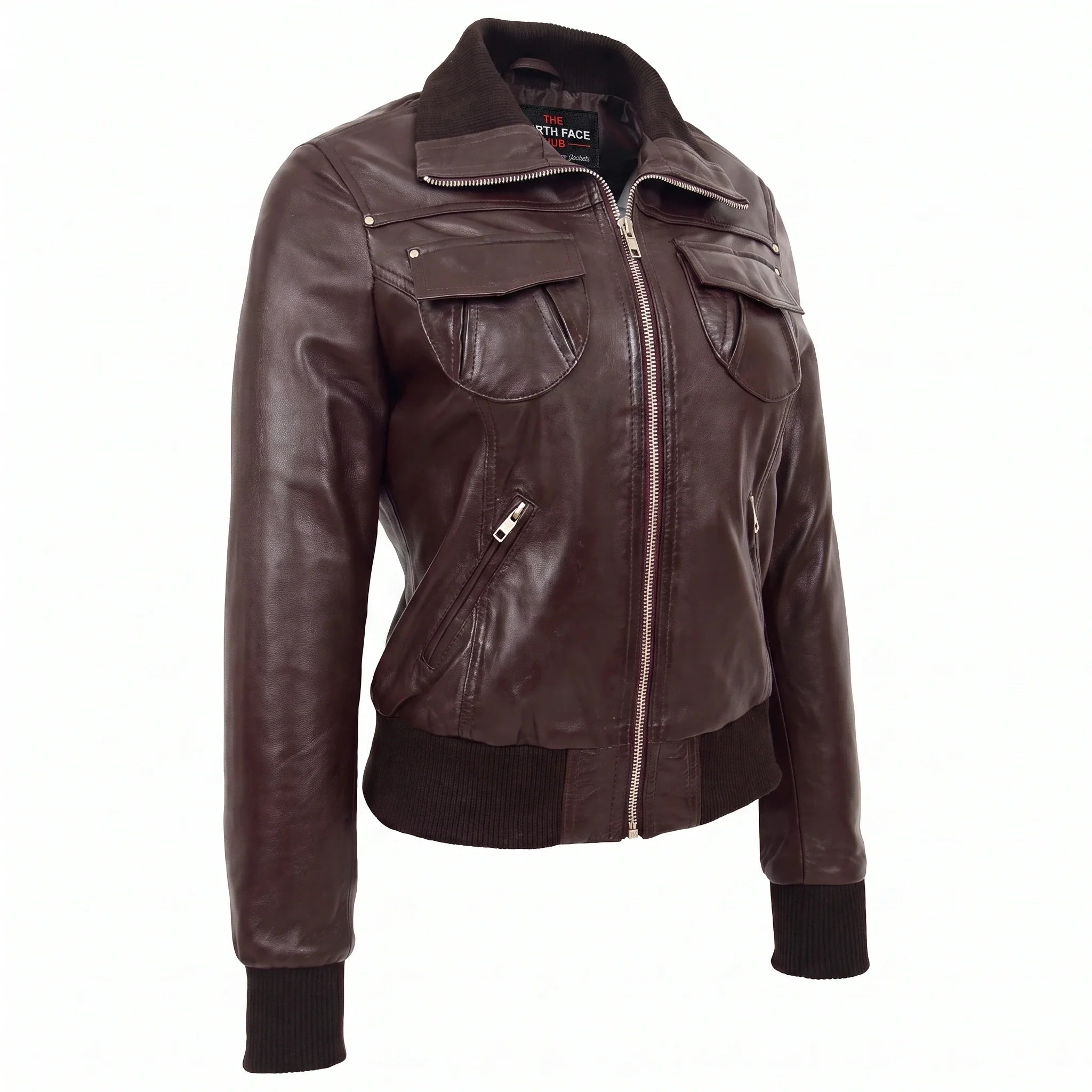Womens Leather Classic Bomber Jacket Motto Zenith Brown