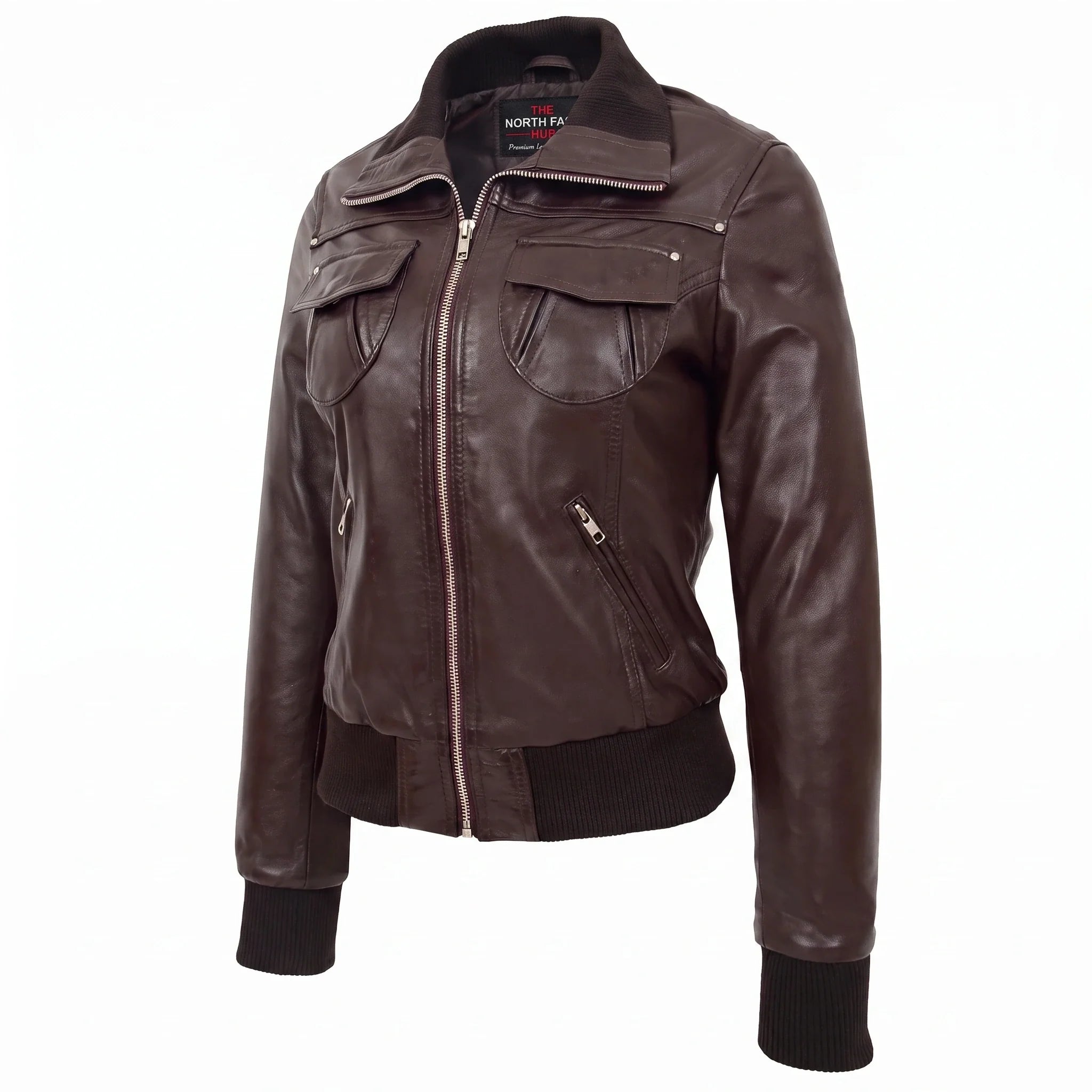 Womens Leather Classic Bomber Jacket Motto Zenith Brown