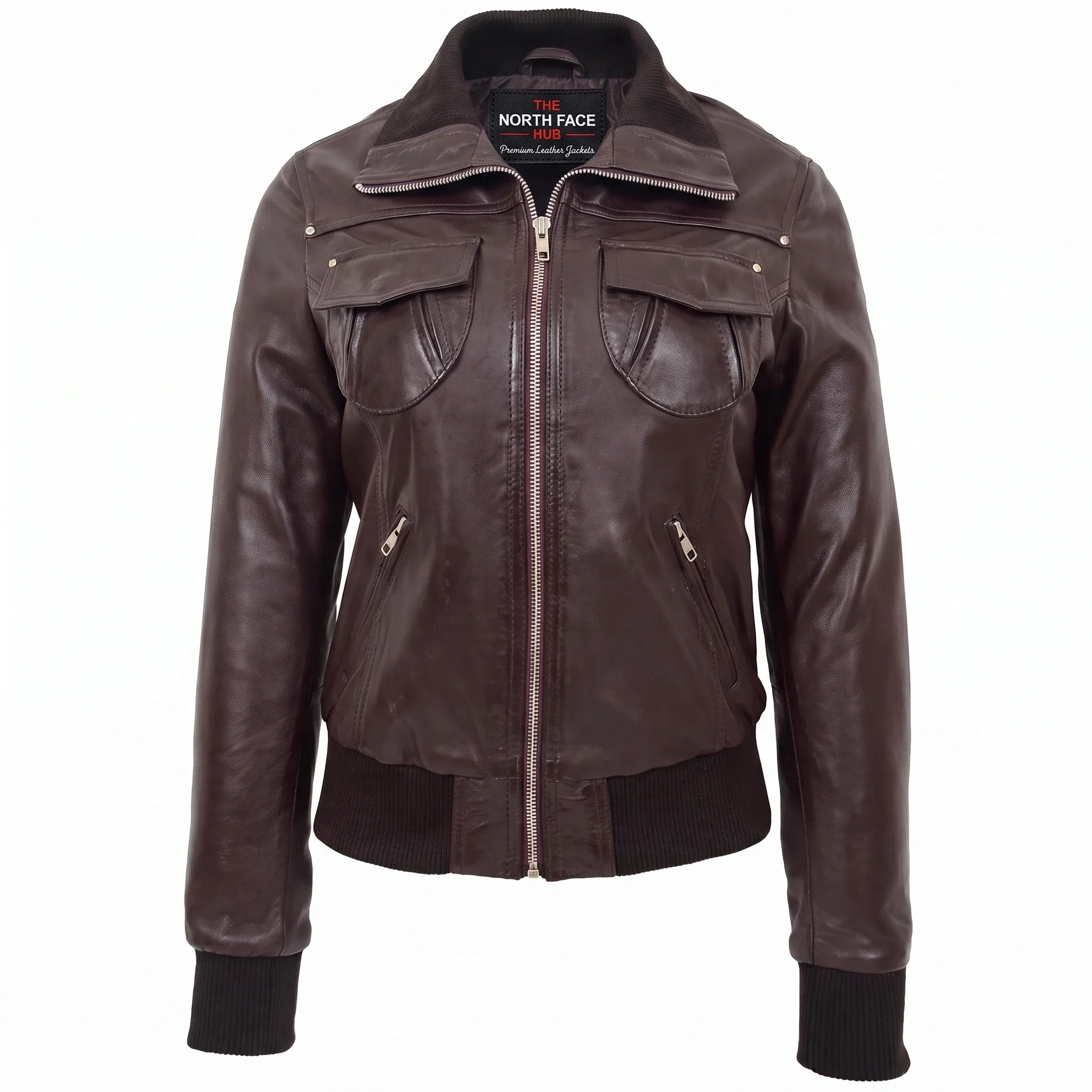 Womens Leather Classic Bomber Jacket Motto Zenith Brown