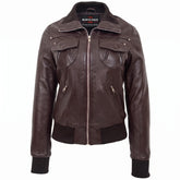 Womens Leather Classic Bomber Jacket Motto Zenith Brown