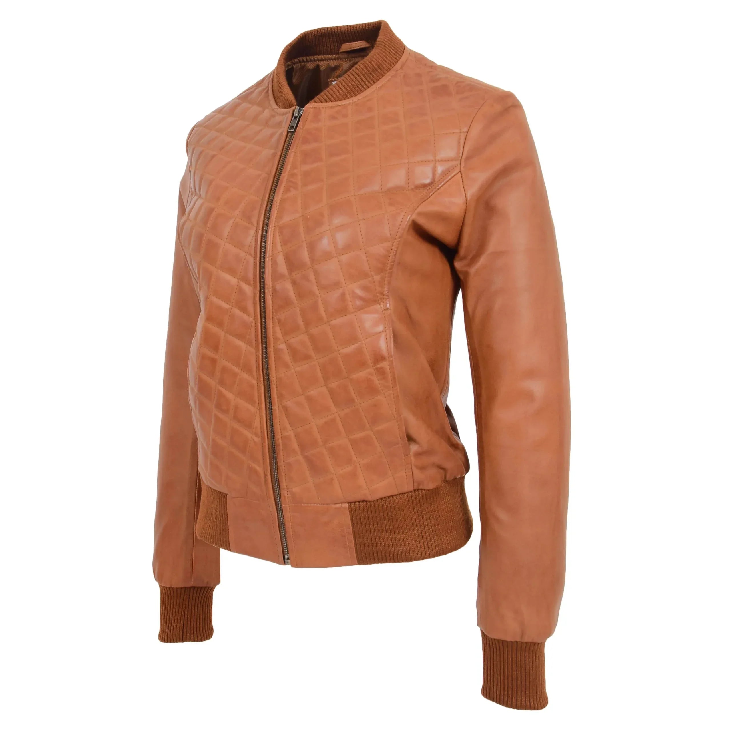 Womens Leather Varsity Quilted Bomber Jacket Dynamo Tan
