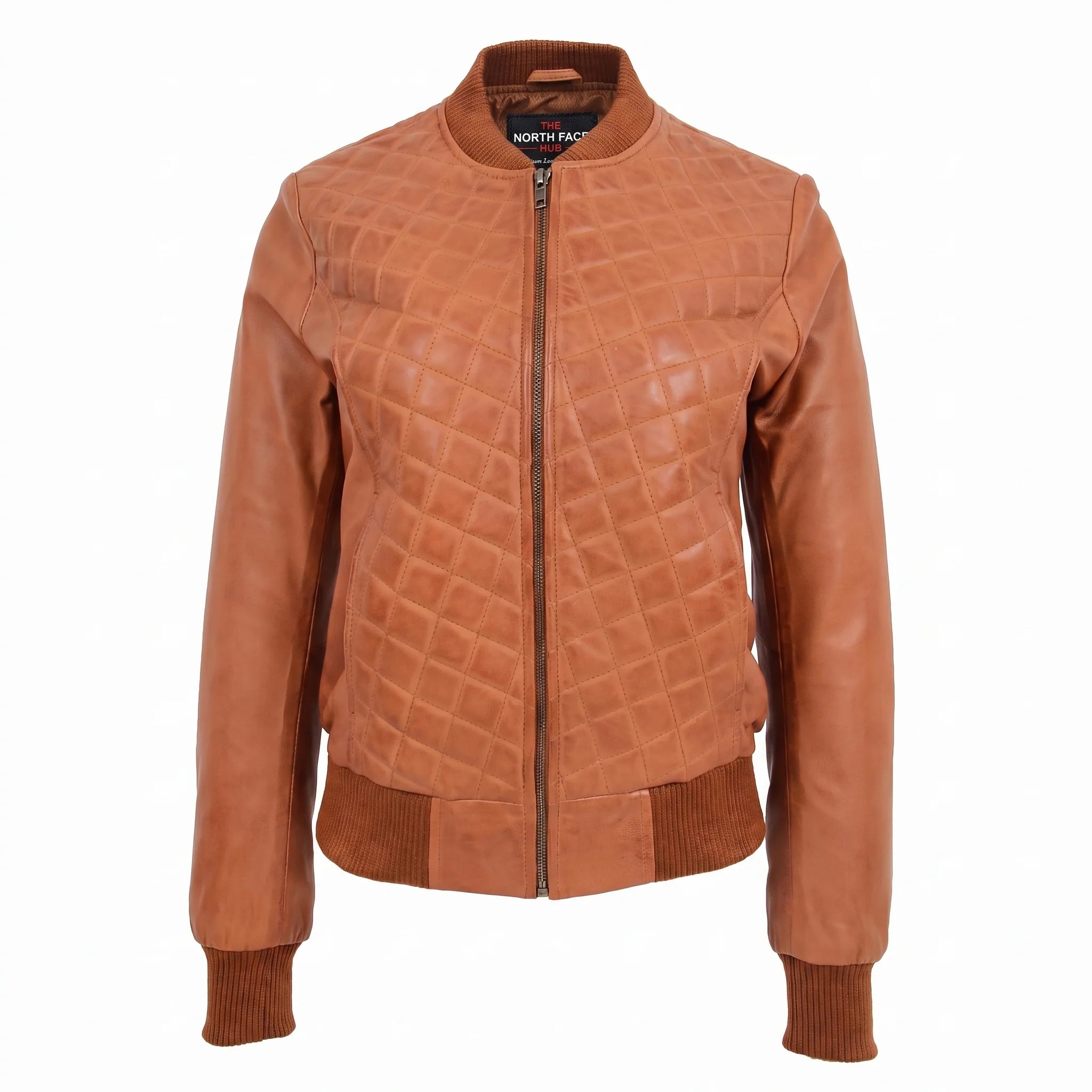 Womens Leather Varsity Quilted Bomber Jacket Dynamo Tan