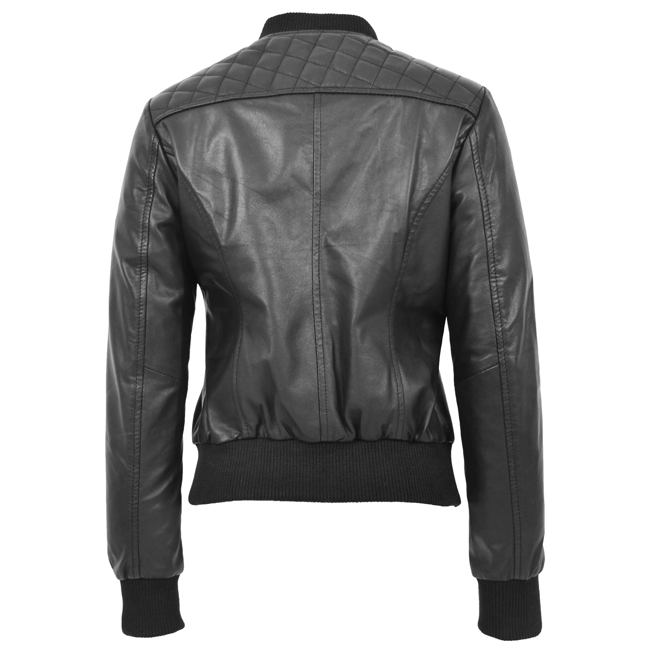 Womens Leather Varsity Quilted Bomber Jacket Nova Black