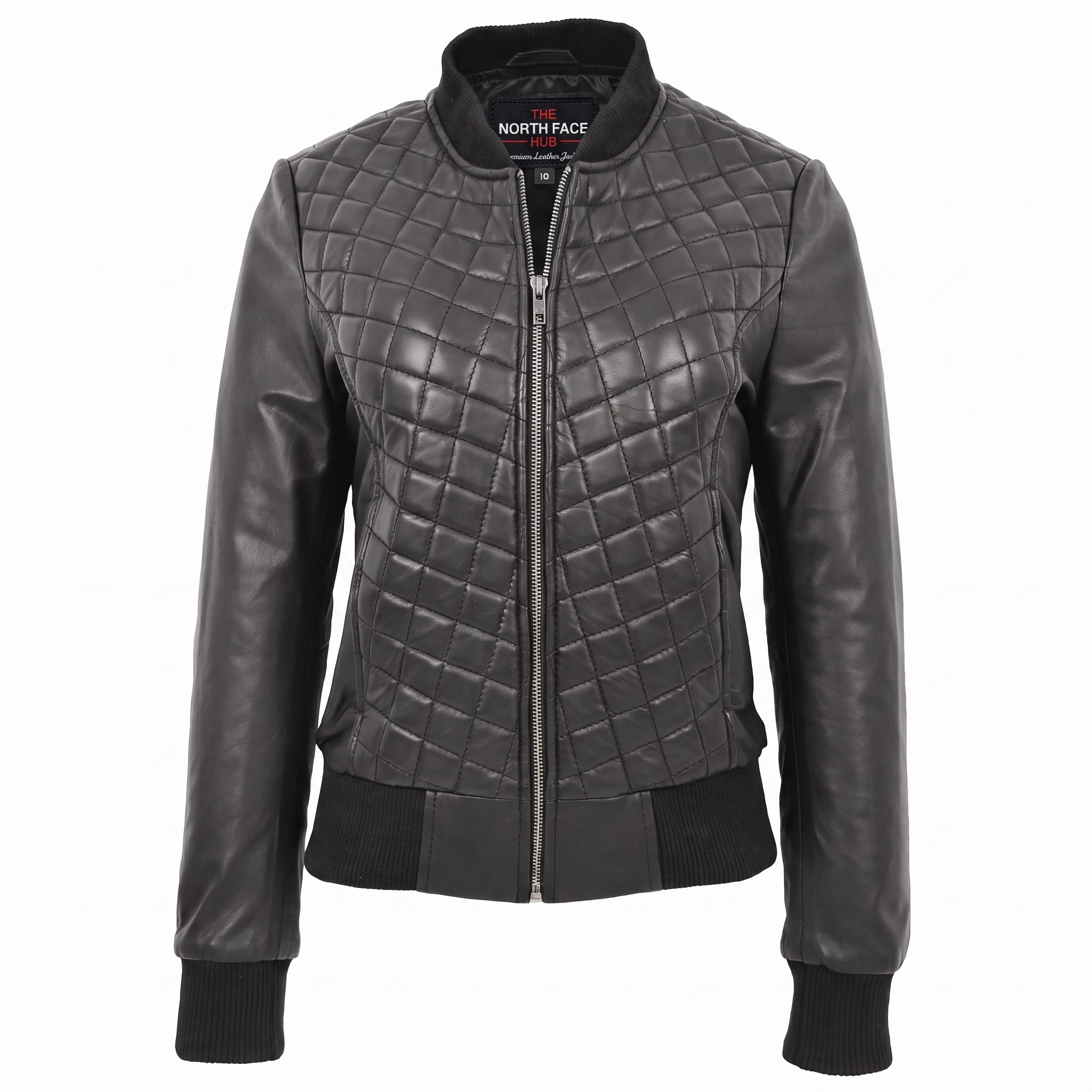 Womens Leather Varsity Quilted Bomber Jacket Nova Black