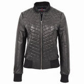 Womens Leather Varsity Quilted Bomber Jacket Nova Black