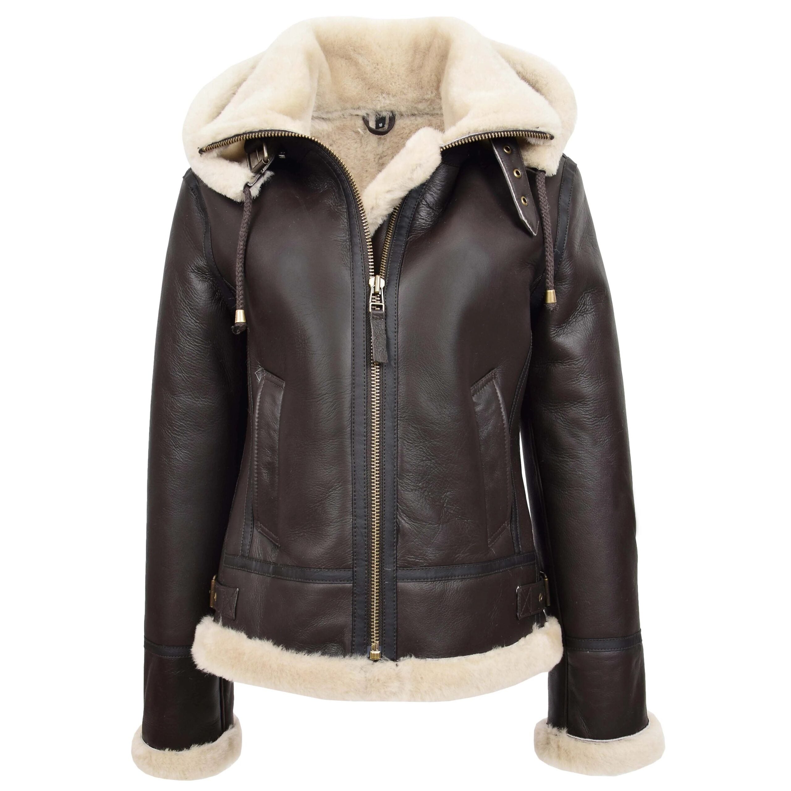 Womens Sheepskin B3 Detachable Hoodie Jacket Zenith Brown White