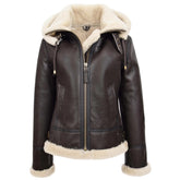 Womens Sheepskin B3 Detachable Hoodie Jacket Zenith Brown White
