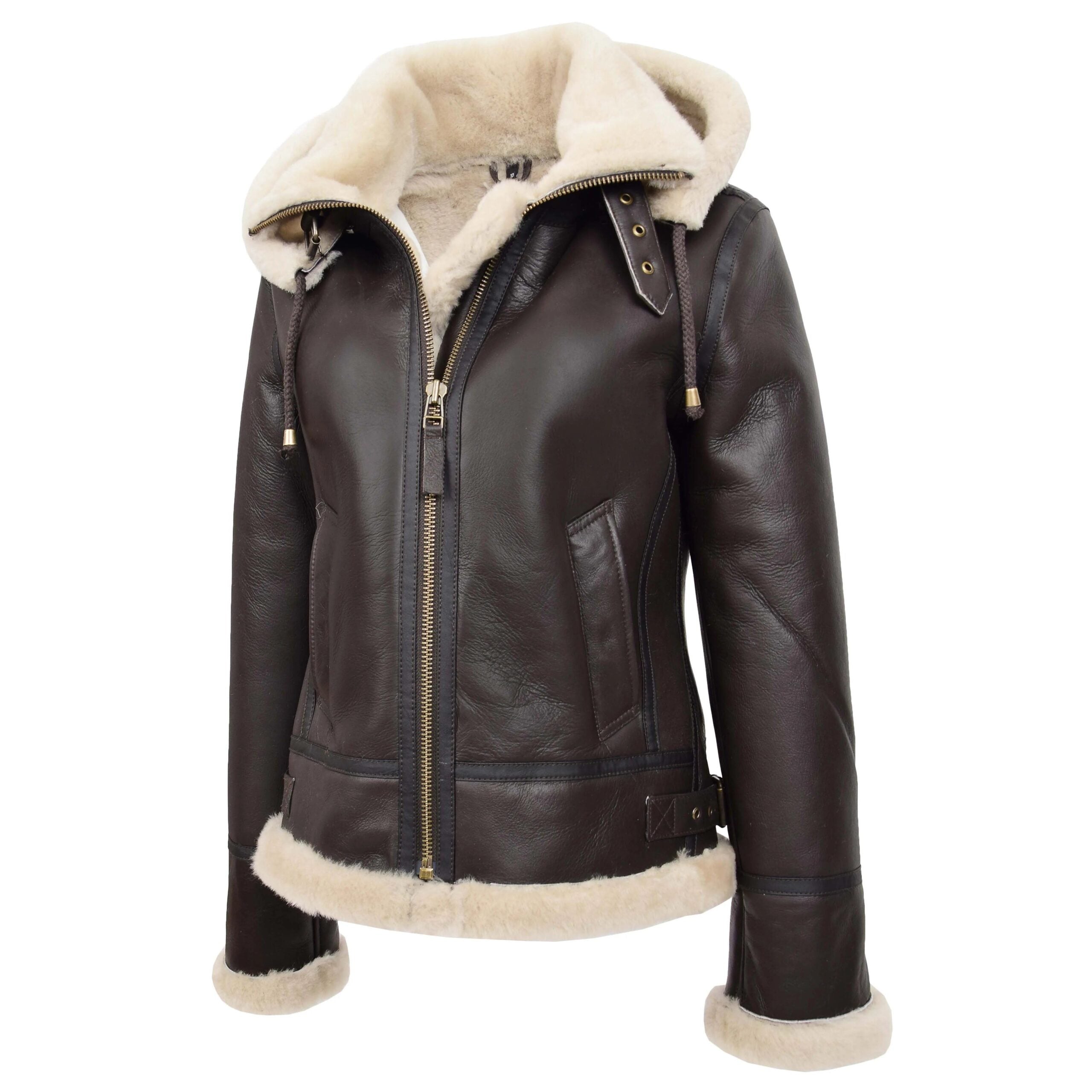 Womens Sheepskin B3 Detachable Hoodie Jacket Zenith Brown White