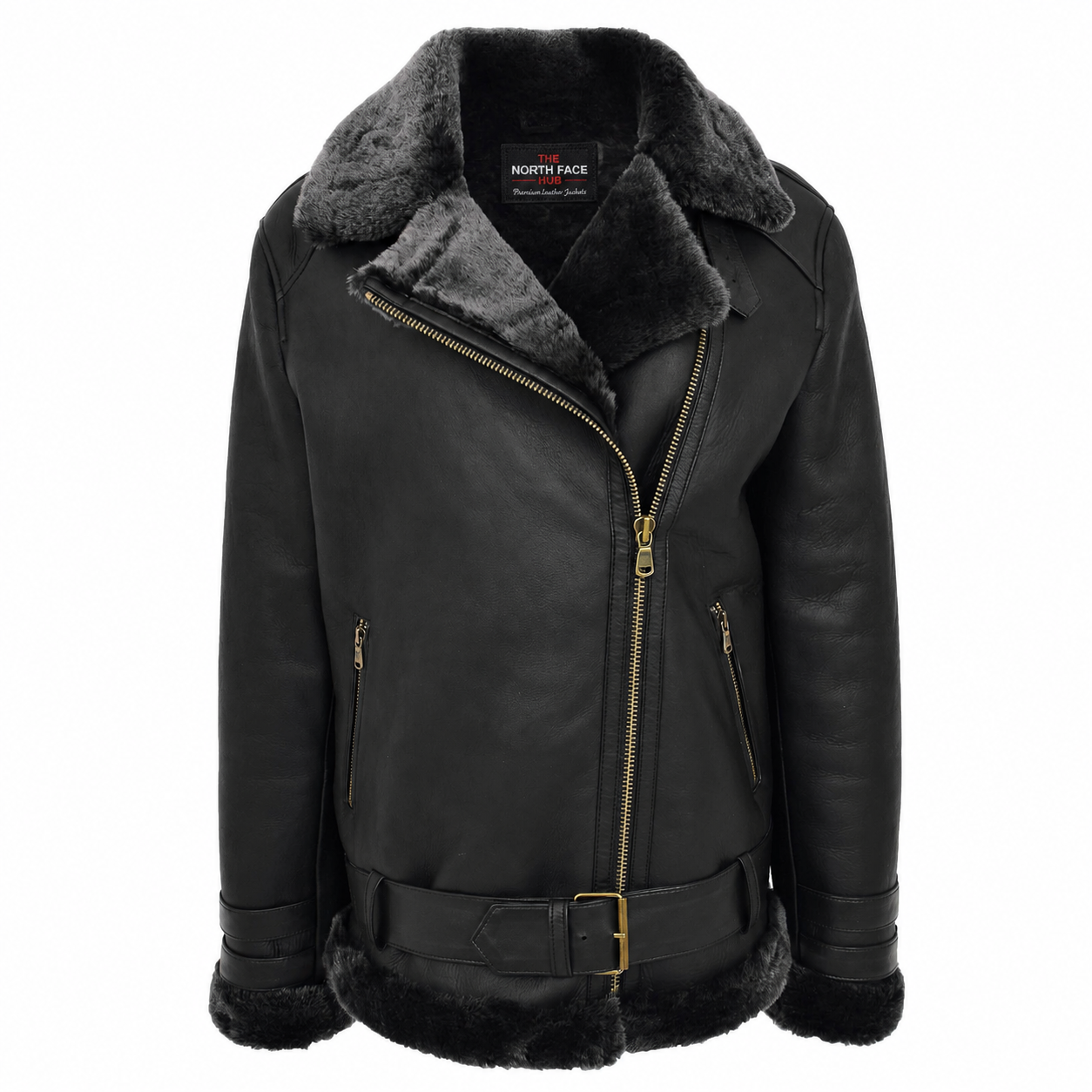 Womens Sheepskin Aviator Cross Zip Pilot Jacket Nova Black