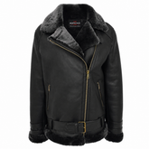 Womens Sheepskin Aviator Cross Zip Pilot Jacket Nova Black