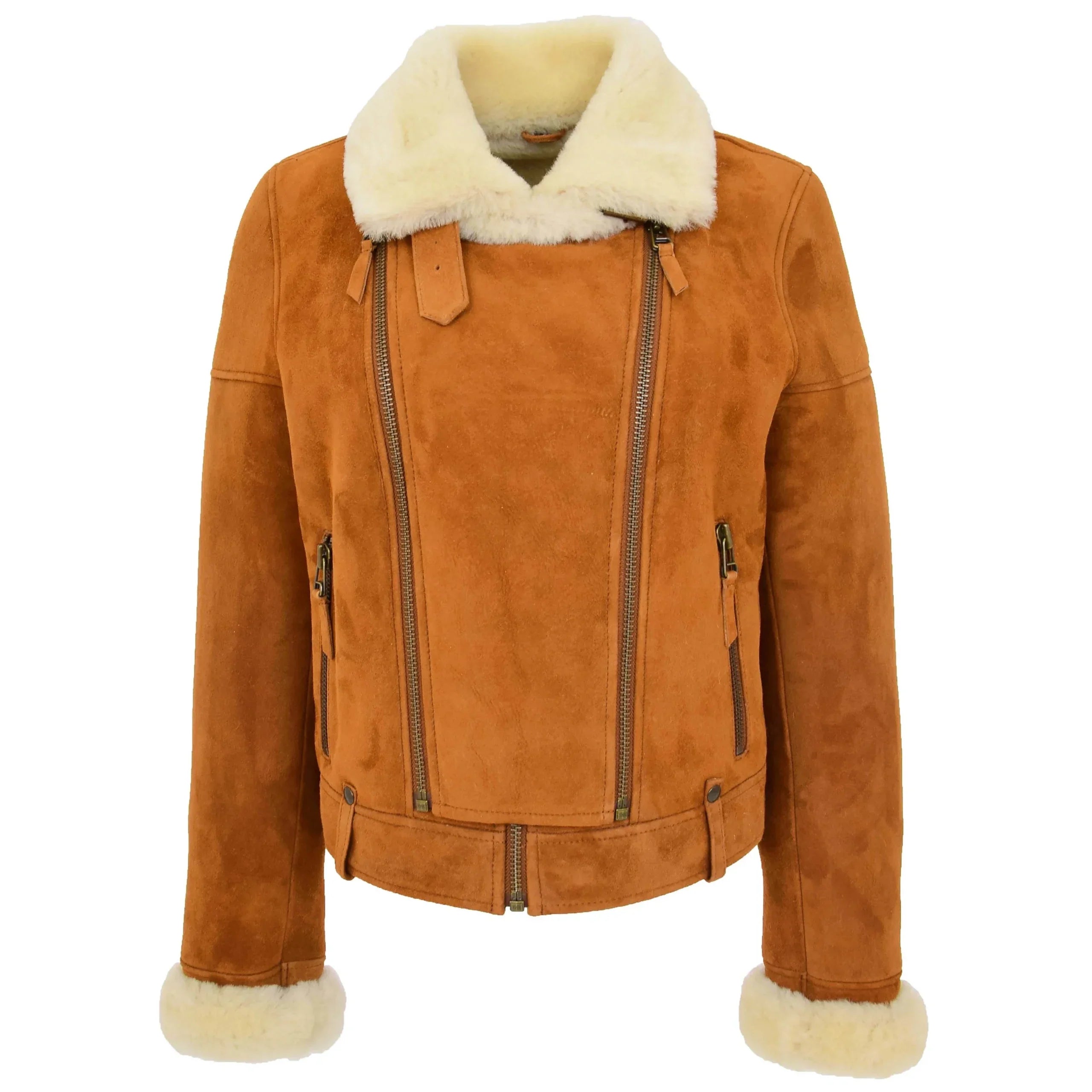 Womens Sheepskin Aviator Pilot Jacket Dynamo Tan White