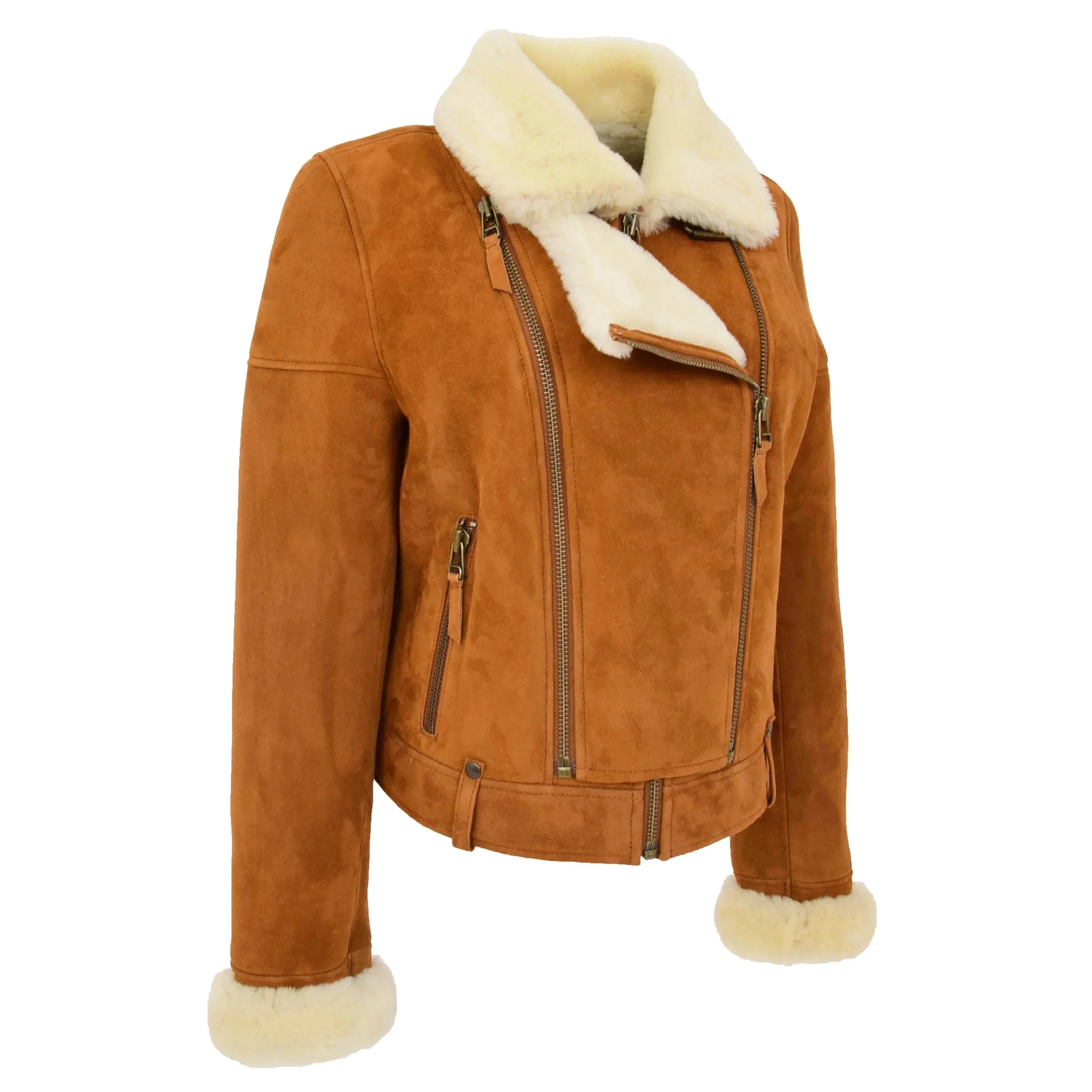 Womens Sheepskin Aviator Pilot Jacket Dynamo Tan White