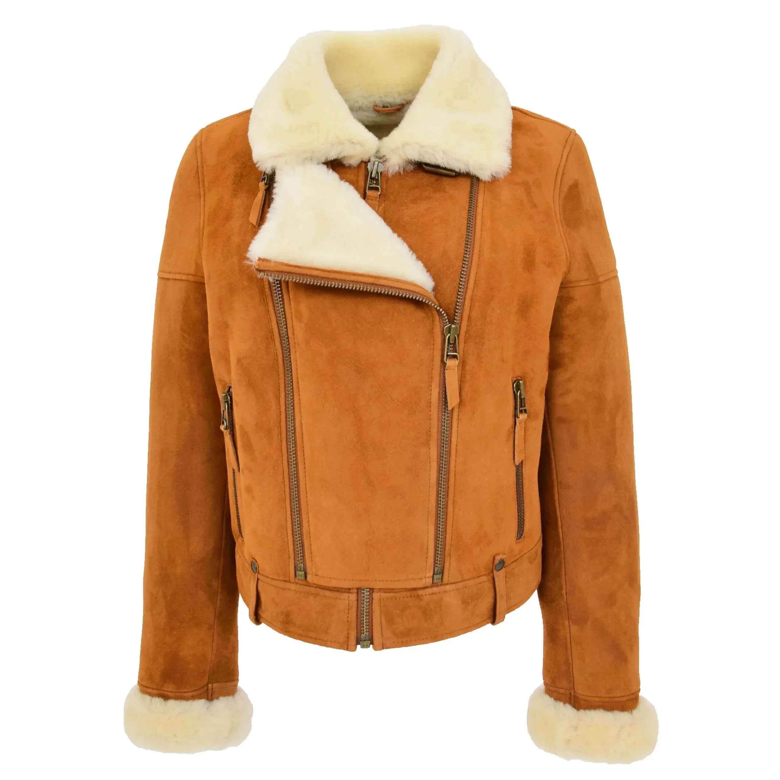 Womens Sheepskin Aviator Pilot Jacket Dynamo Tan White