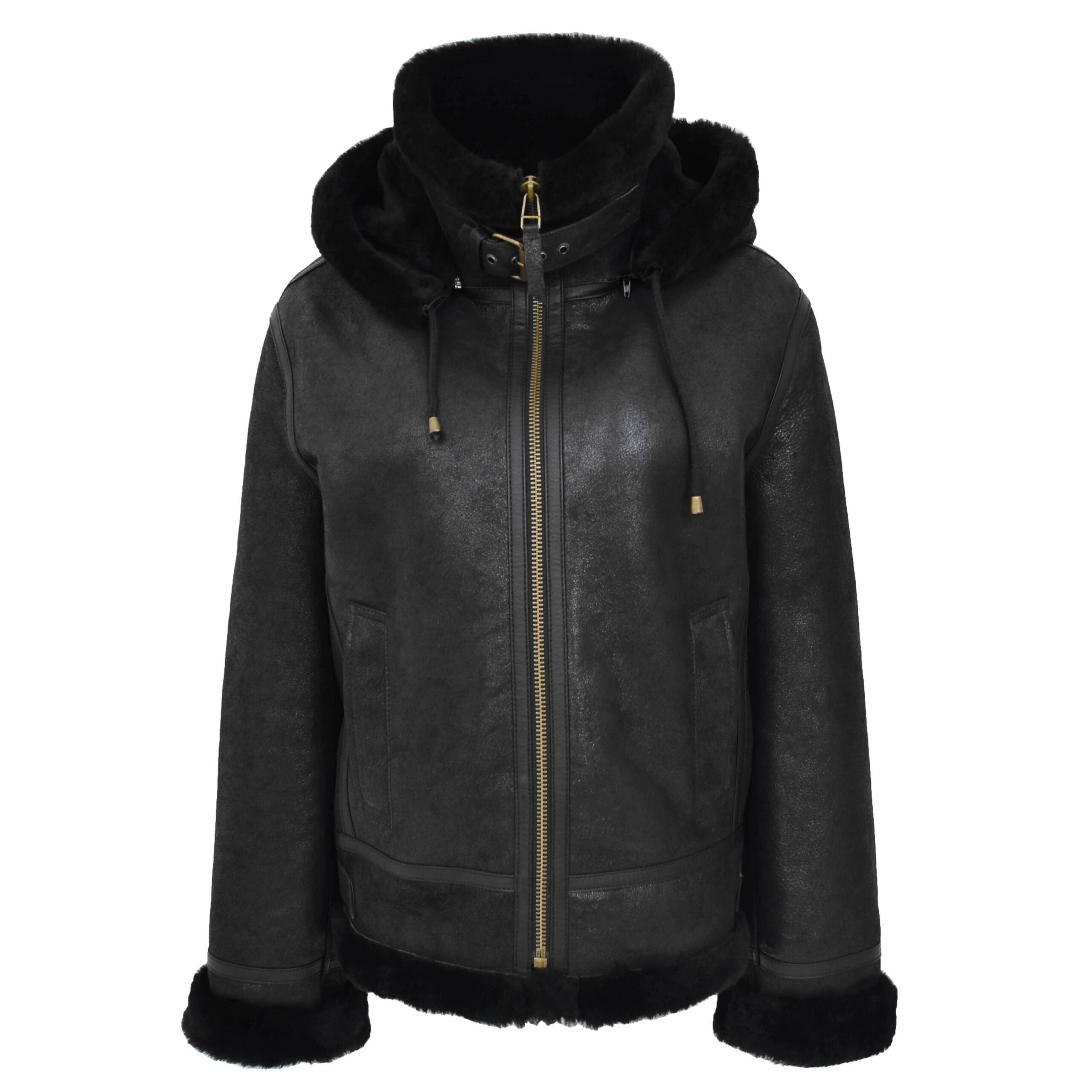 Womens Sheepskin B3 Detachable Hoodie Jacket Nova Black