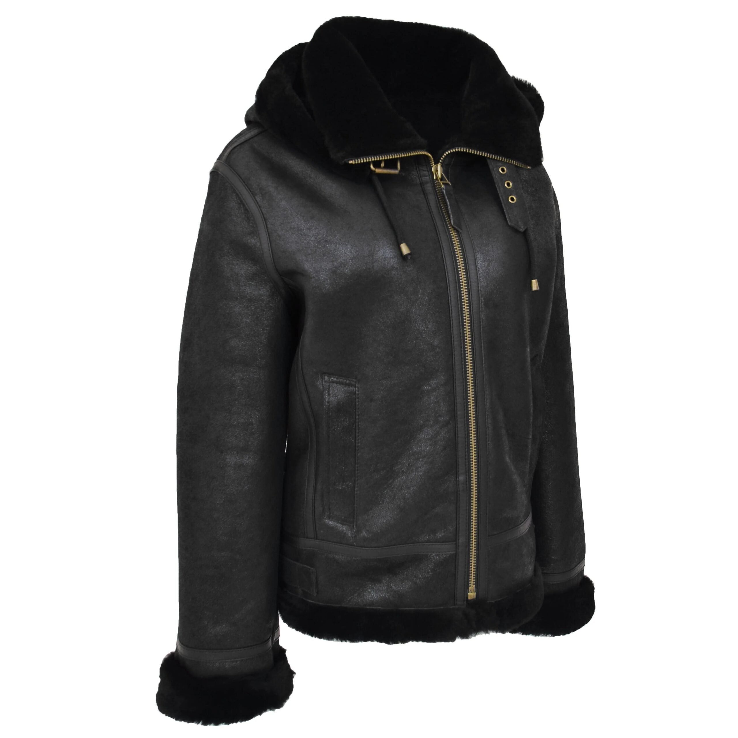 Womens Sheepskin B3 Detachable Hoodie Jacket Nova Black