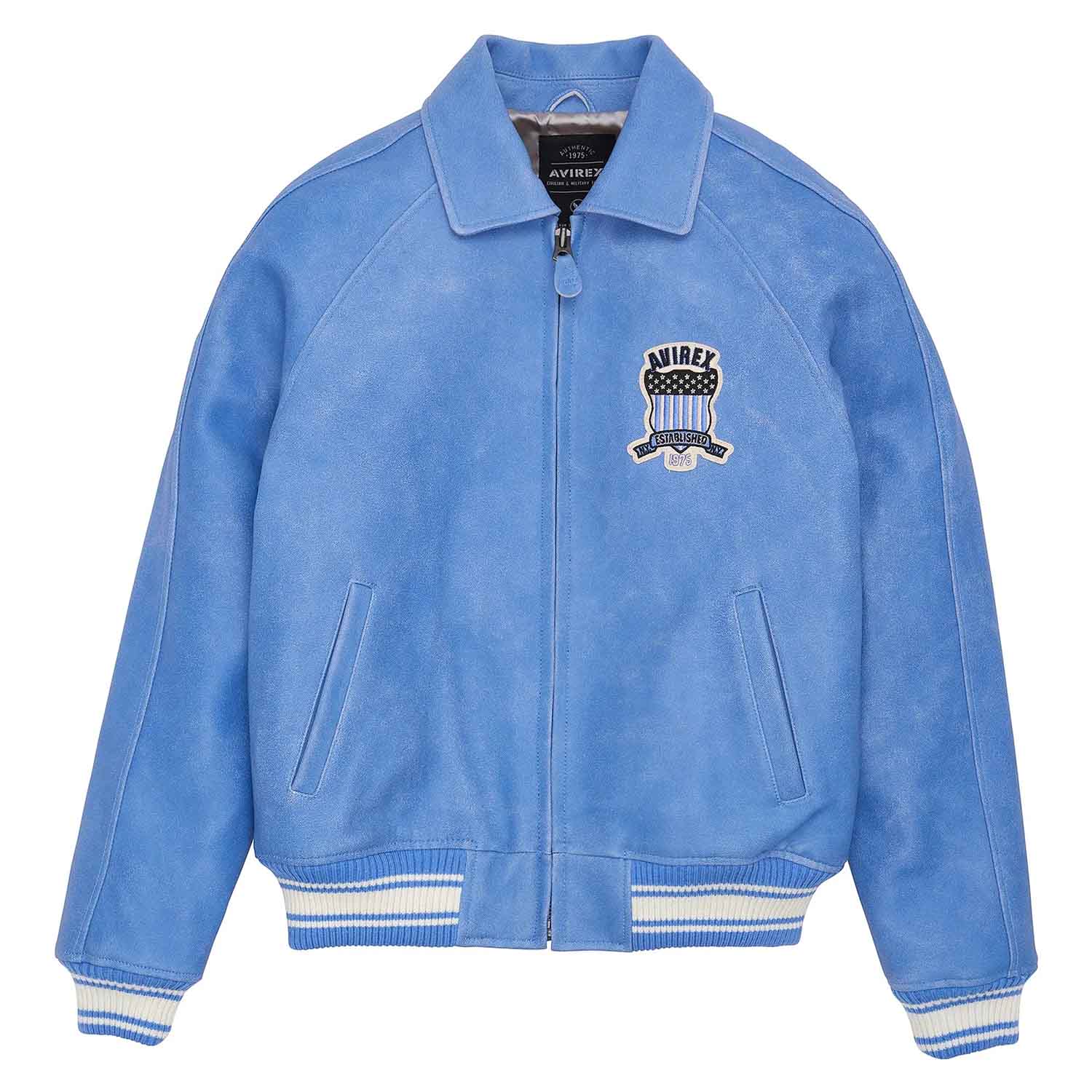 Men’s Avirex Leather Jacket Denim Blue Leather Bomber Jacket Iconic Style
