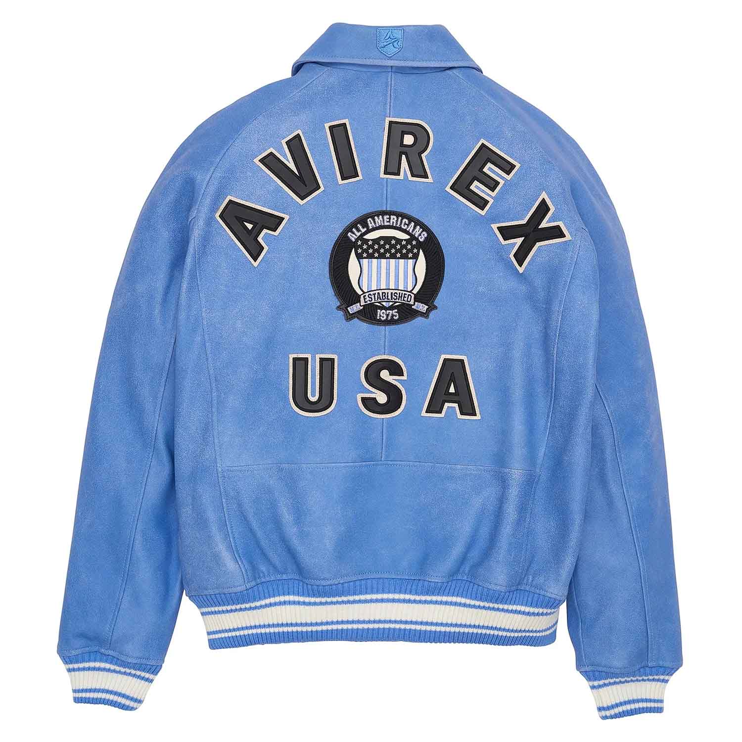 Men’s Avirex Leather Jacket Denim Blue Leather Bomber Jacket Iconic Style