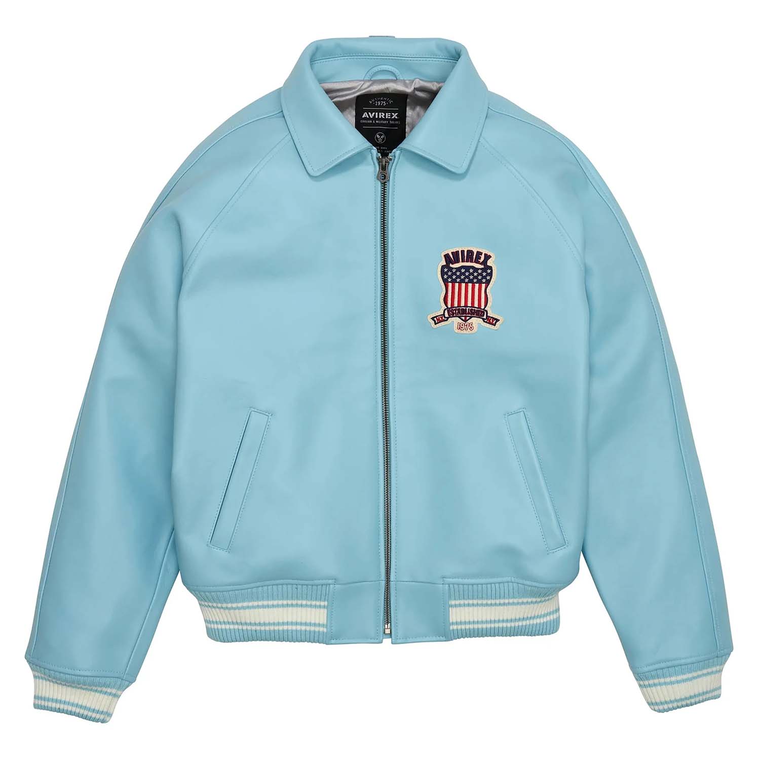Men’s Avirex Leather Jacket Light Blue Leather Bomber Flight Jacket