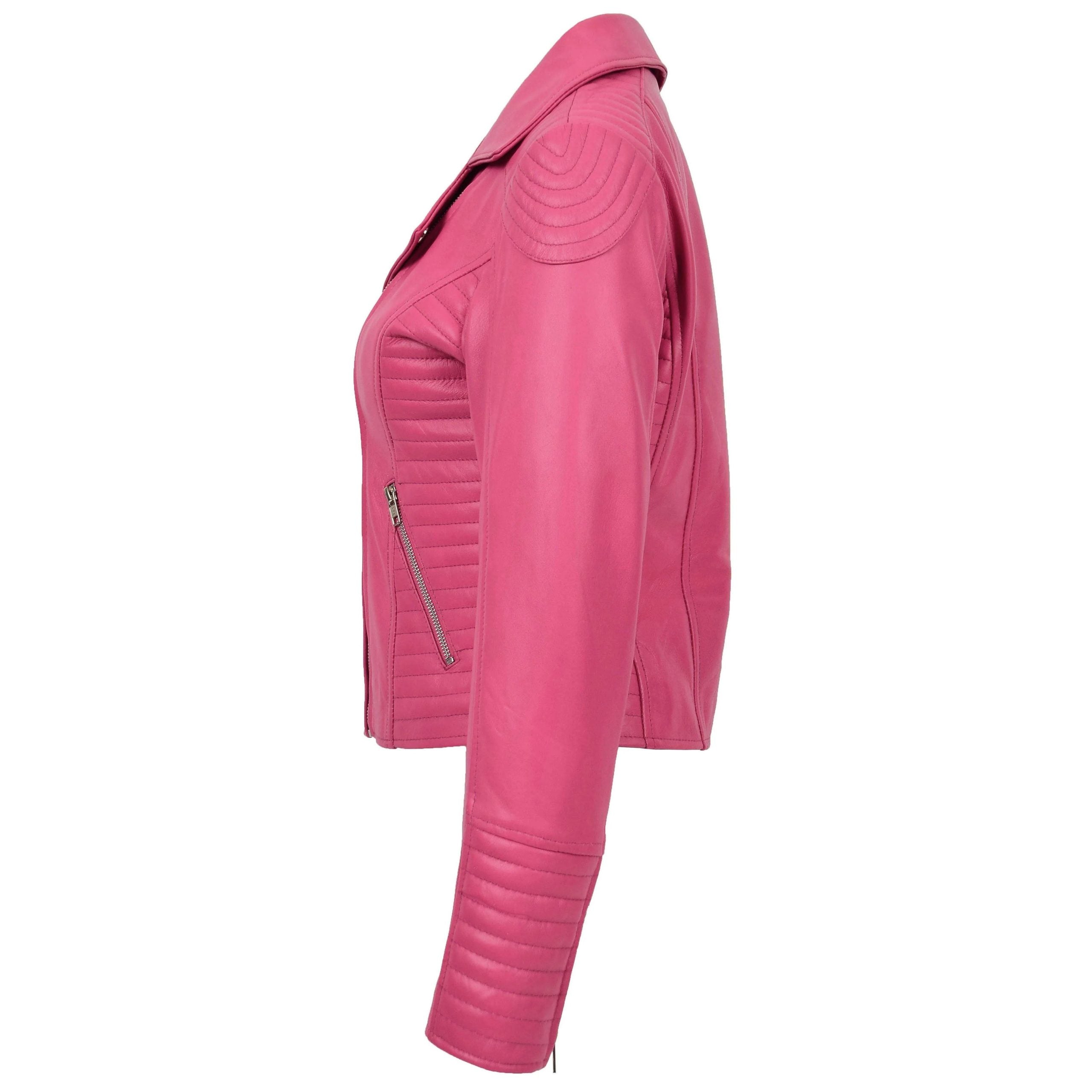 Womens Soft Leather Cross Zip Biker Jacket Anna Chroma Pink