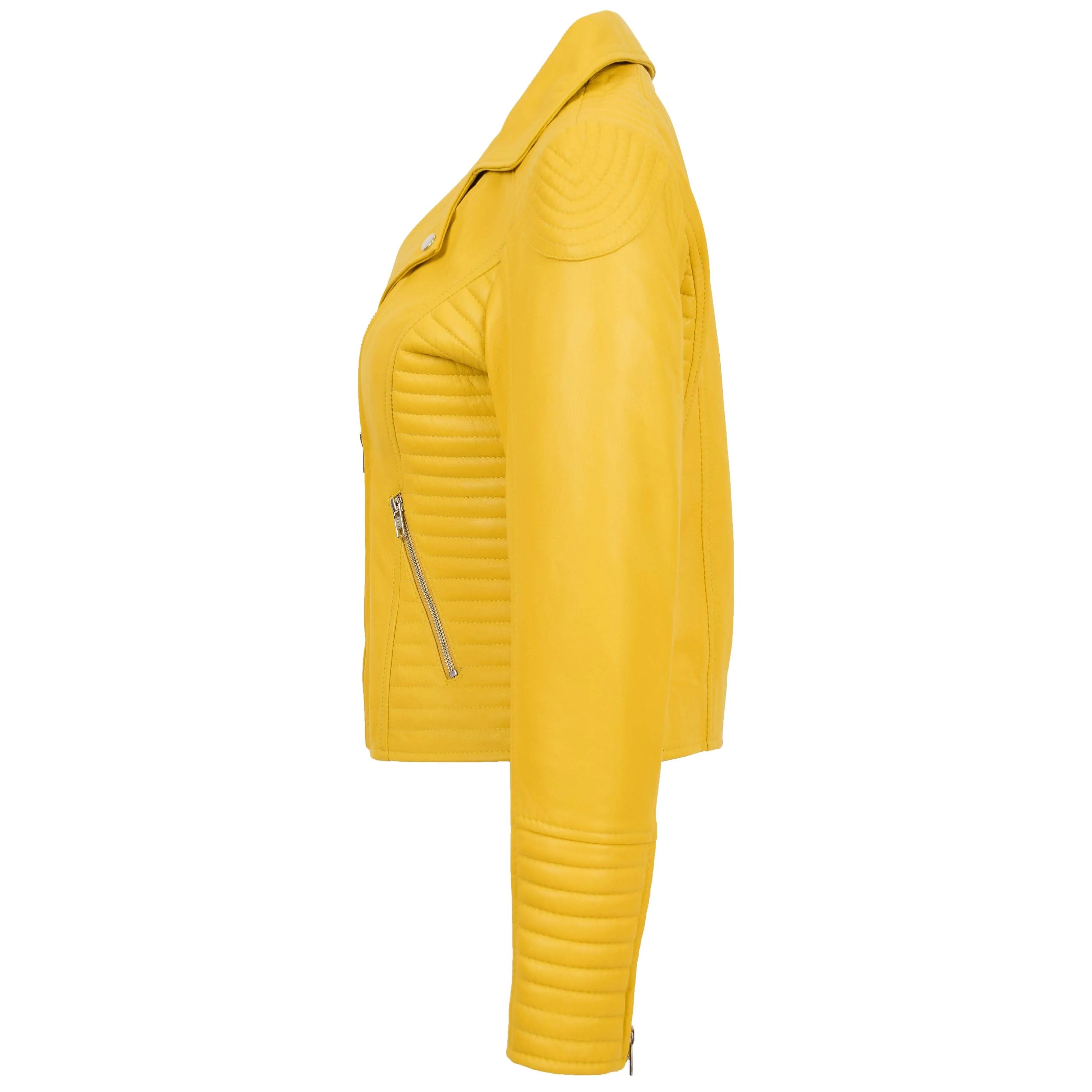 Womens Soft Leather Cross Zip Biker Jacket Anna Vivid Yellow
