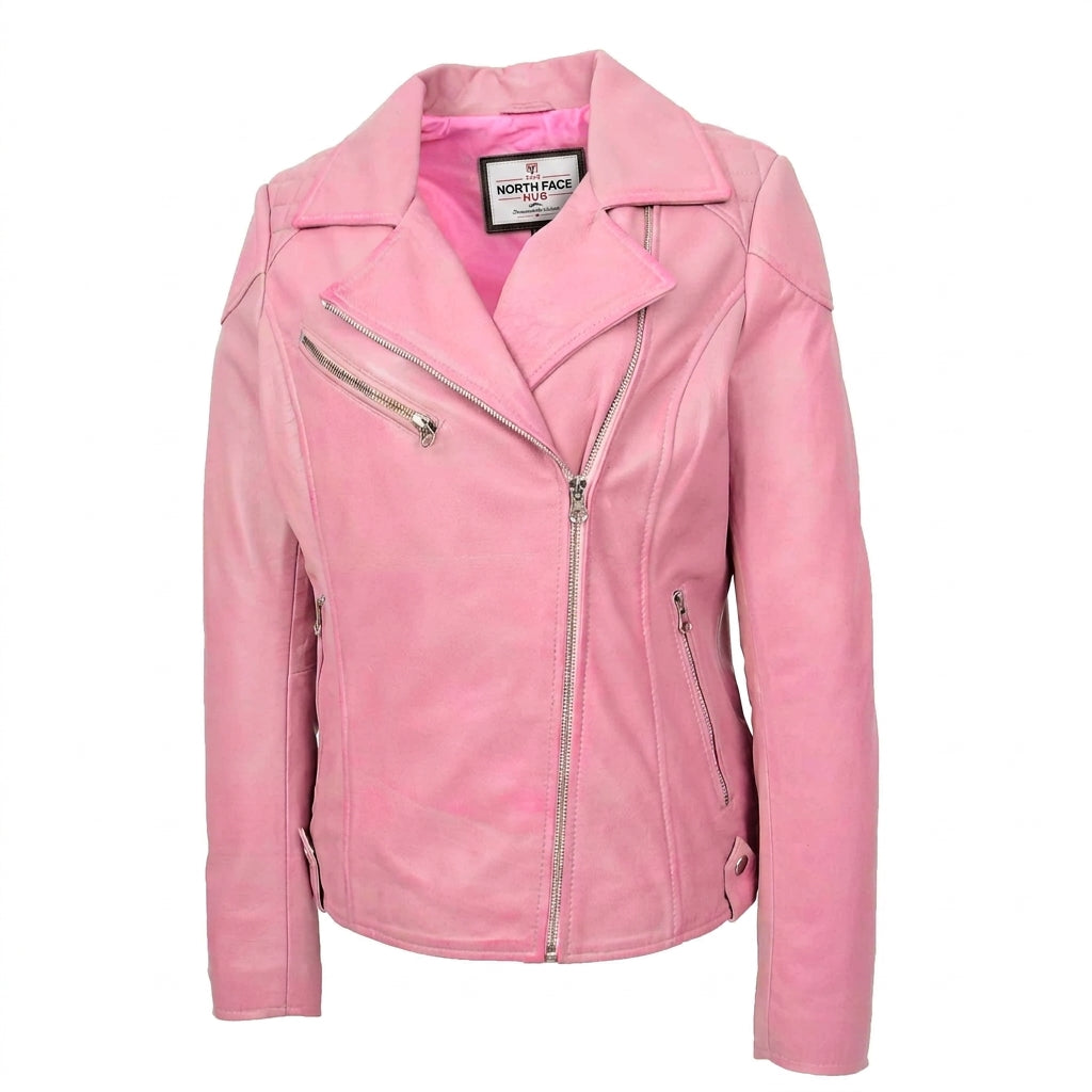 Womens Real Leather Biker Jacket Cross Zip Pockets Cherry Chroma Pink
